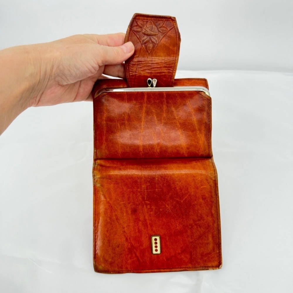 Rolfs Cowhide Wallet VTG Tooled Leather Kiss Lock Brown Retro‎ Photo Flap Womens - Picture 10 of 16